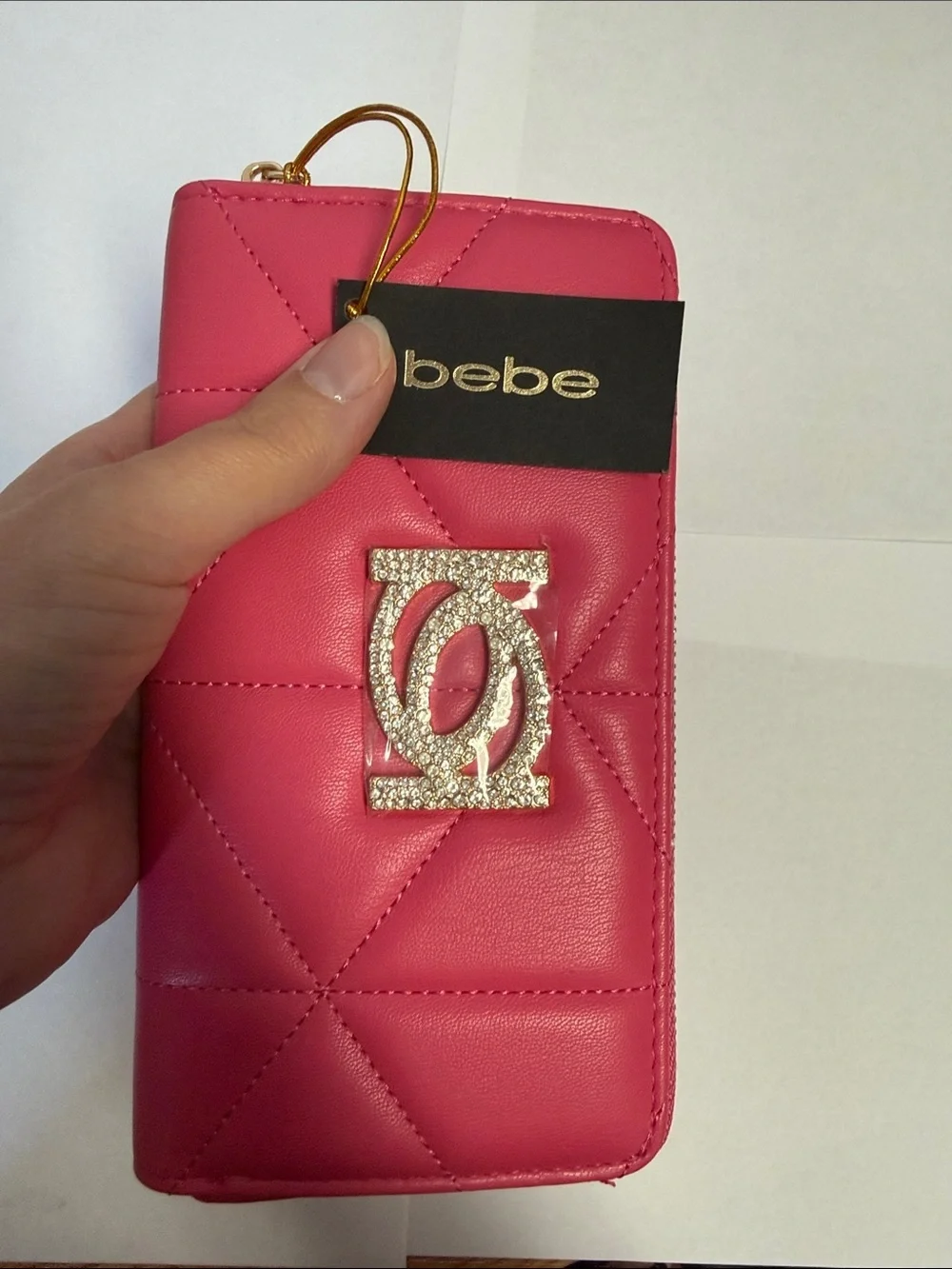 NWT Bebe Quilted Hot Pink Wristlet Wallet with Crystal Accent Monogram